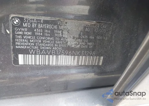 2006 BMW 325I z USA, uszkodzony, nr VIN WBAVB17596NK31298